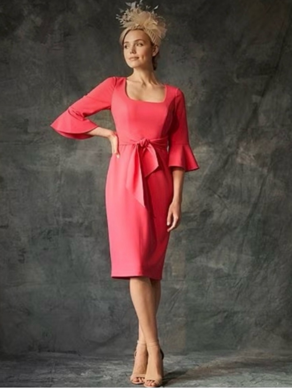Adrianna Papell SZ 18W Pink Tie Waist Sleeve Sheath Cocktail Midi Dress NWT GALA